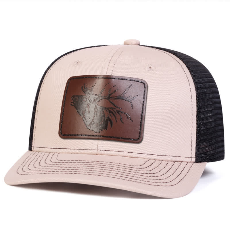 Big Deer Head Leather Label Patch Trucker Hat - Beige - Adjustable (About 22"-23 5/8") - image 4