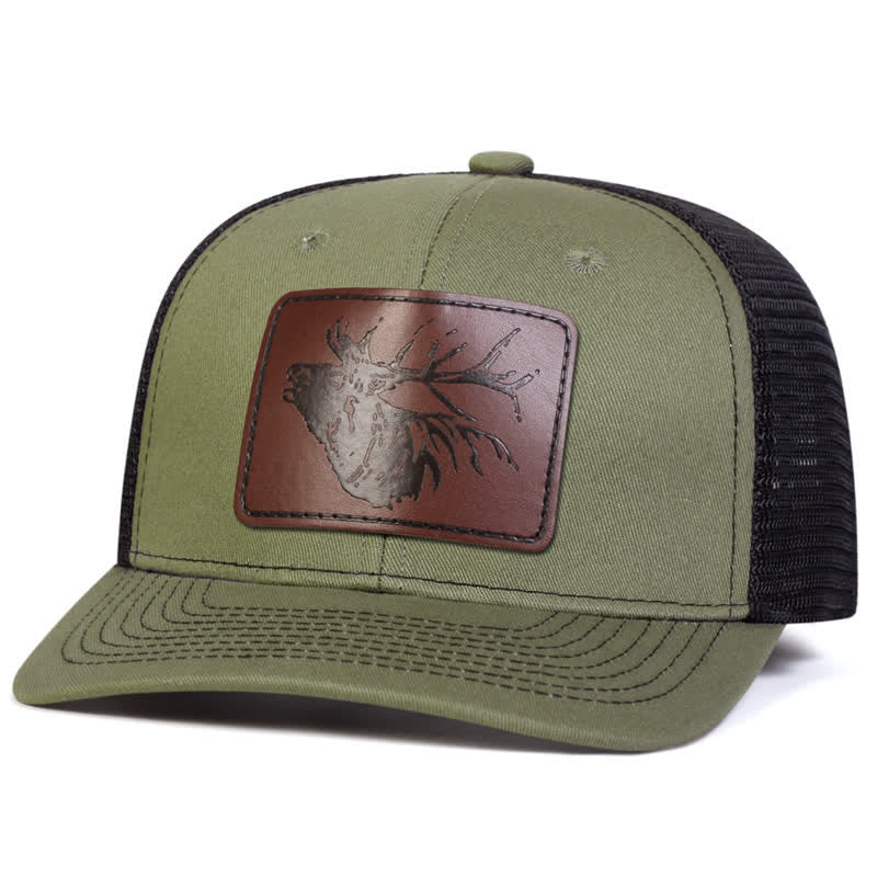 Big Deer Head Leather Label Patch Trucker Hat - Army Green - Adjustable (About 22"-23 5/8") - image 5