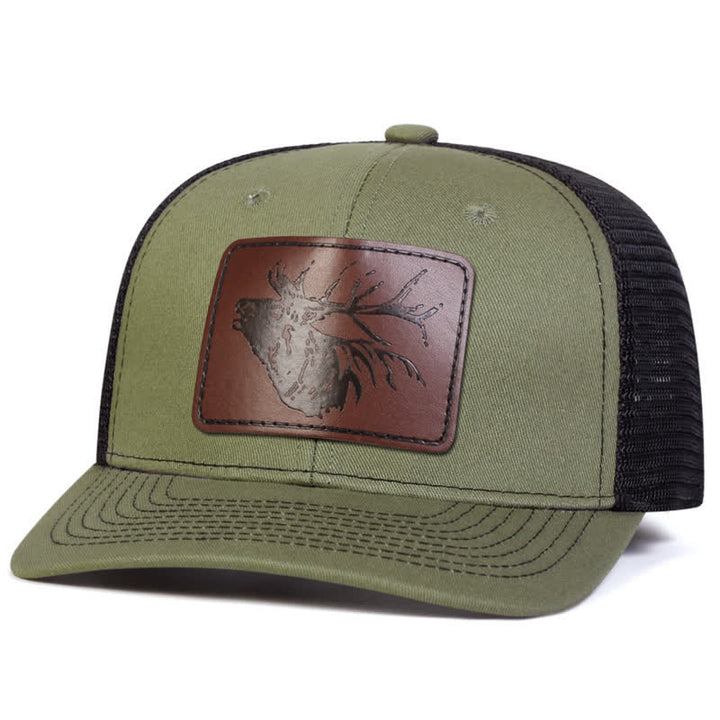 Big Deer Head Leather Label Patch Trucker Hat - Army Green - Adjustable (About 22"-23 5/8") - image 5