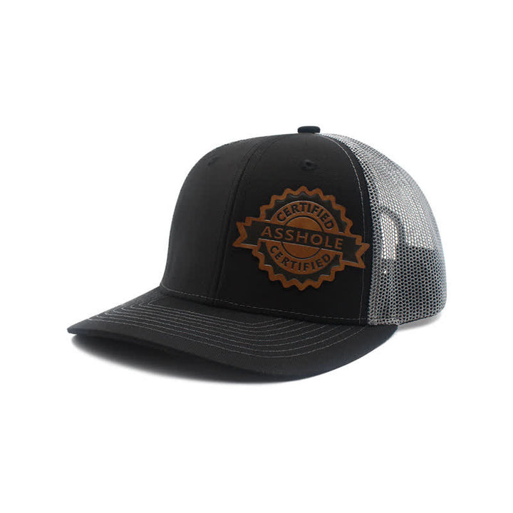 Letter Pattern Brown Leather Label Patch Trucker Hat - Black & Gray - Adjustable (About 22"-23 5/8") - image 9