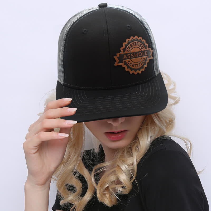 Letter Pattern Brown Leather Label Patch Trucker Hat