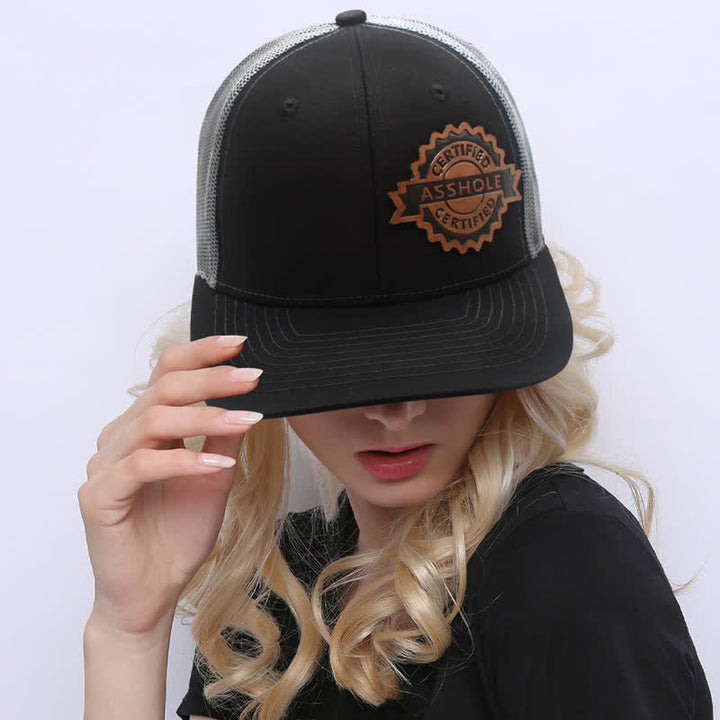 Letter Pattern Brown Leather Label Patch Trucker Hat