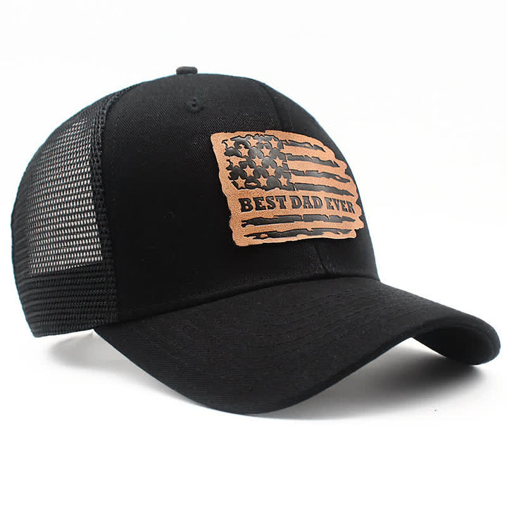 Best Dad Ever USA Flag Leather Label Patch Trucker Hat - image 3