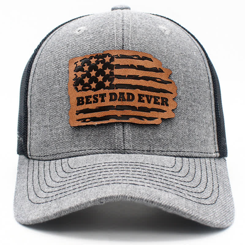 Best Dad Ever USA Flag Leather Label Patch Trucker Hat