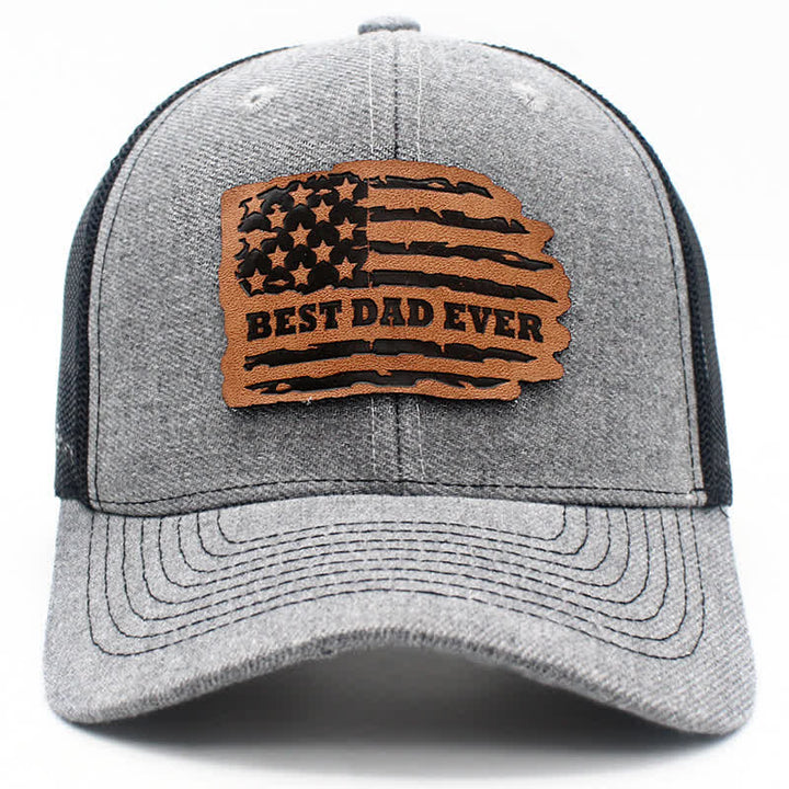 Best Dad Ever USA Flag Leather Label Patch Trucker Hat