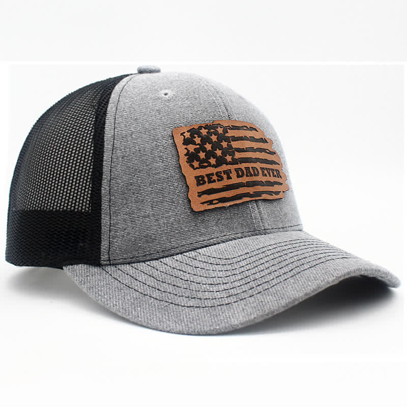 Best Dad Ever USA Flag Leather Label Patch Trucker Hat