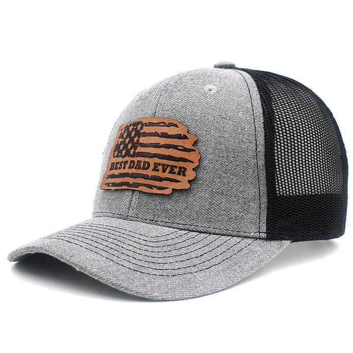 Best Dad Ever USA Flag Leather Label Patch Trucker Hat