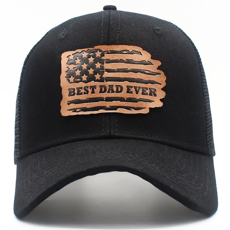 Best Dad Ever USA Flag Leather Label Patch Trucker Hat - Black - Adjustable (About 21 5/8"-24 1/2") - image 0