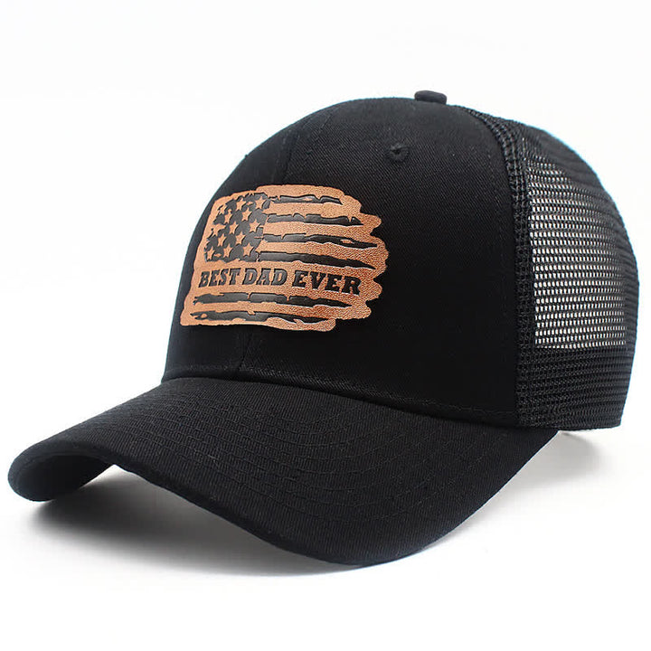 Best Dad Ever USA Flag Leather Label Patch Trucker Hat - image 1