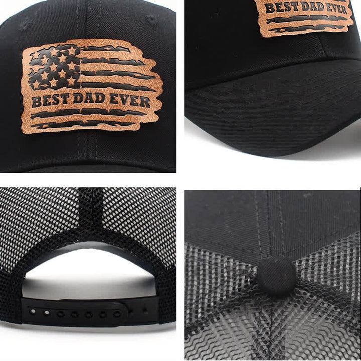 Best Dad Ever USA Flag Leather Label Patch Trucker Hat