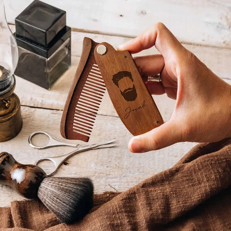 Personalized Carved Name Folding Wood Beard Hair Comb - image 1