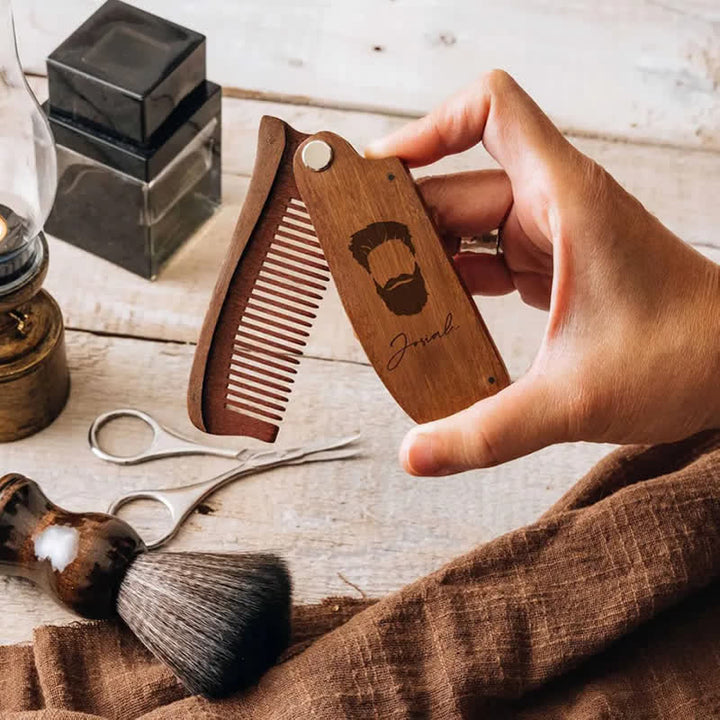 Personalized Carved Name Folding Wood Beard Hair Comb - image 1