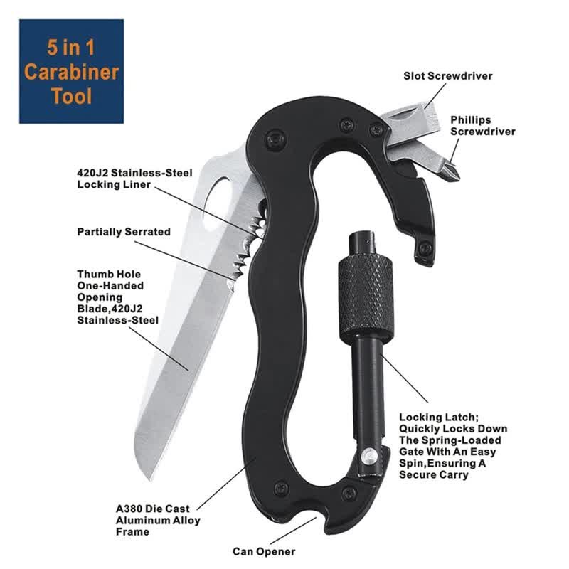 5-In-1 Multitool Folding Knife D Shape Buckle Carabiner Keychain - image 3
