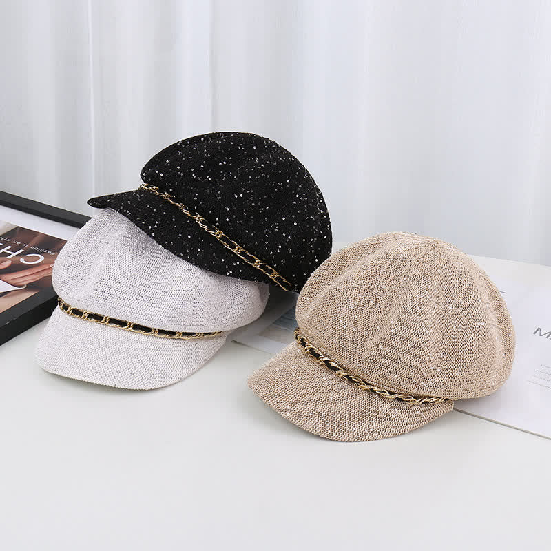 Women's Gold Chain Sequined Octagonal Straw Beret Hat