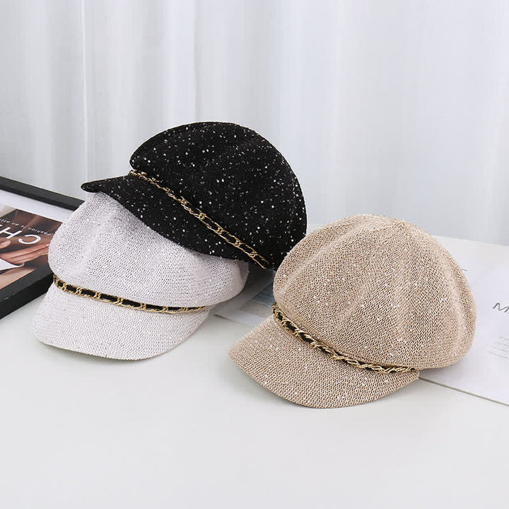 Women's Gold Chain Sequined Octagonal Straw Beret Hat