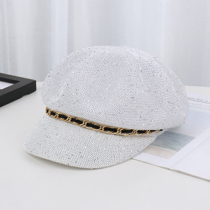 Women's Gold Chain Sequined Octagonal Straw Beret Hat - White - Adjustable (22"-22 7/8") - image 9