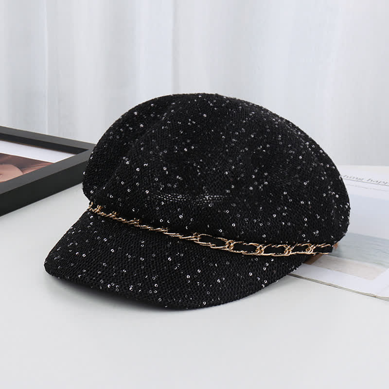 Women's Gold Chain Sequined Octagonal Straw Beret Hat - Black - Adjustable (22"-22 7/8") - image 10