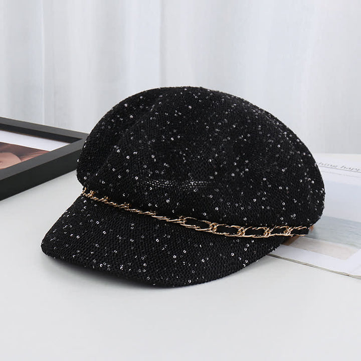 Women's Gold Chain Sequined Octagonal Straw Beret Hat - Black - Adjustable (22"-22 7/8") - image 10