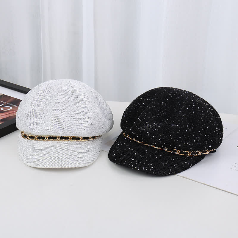 Women's Gold Chain Sequined Octagonal Straw Beret Hat