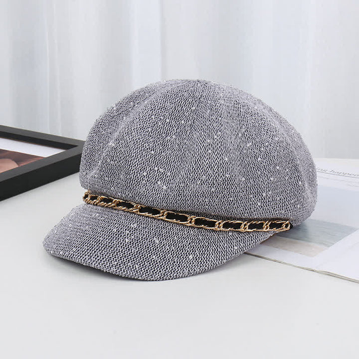 Women's Gold Chain Sequined Octagonal Straw Beret Hat - Gray - Adjustable (22"-22 7/8") - image 0