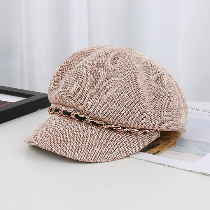 Women's Gold Chain Sequined Octagonal Straw Beret Hat - Khaki - Adjustable (22"-22 7/8") - image 4