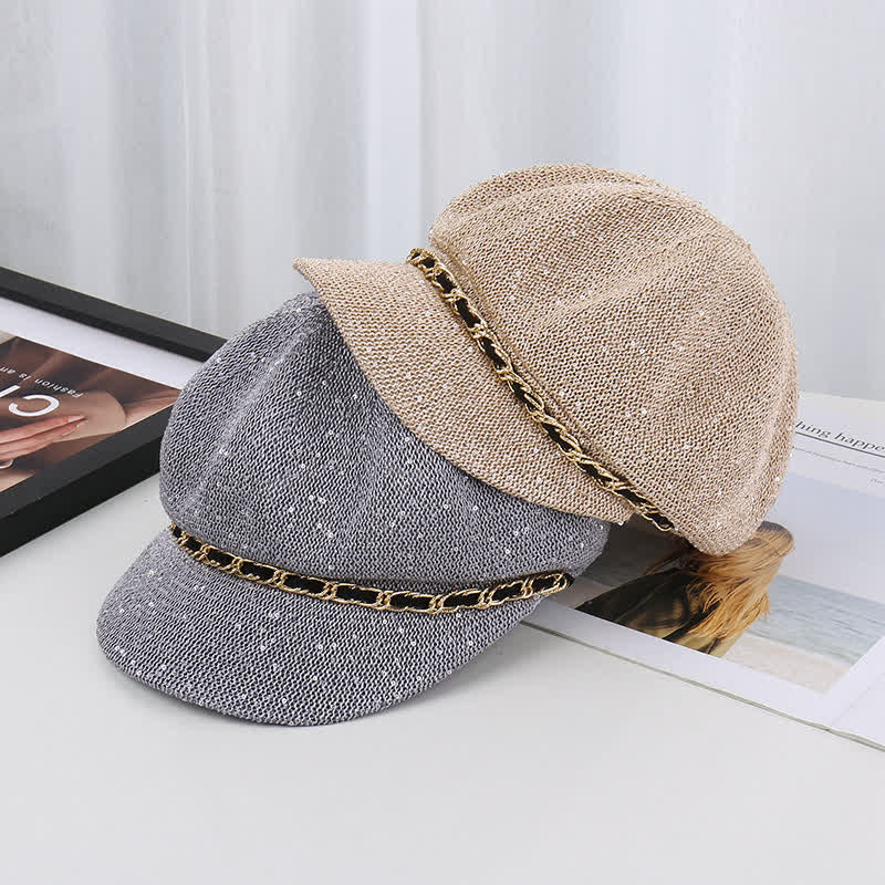 Women's Gold Chain Sequined Octagonal Straw Beret Hat - image 1