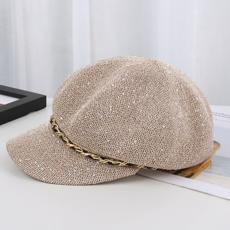 Women's Gold Chain Sequined Octagonal Straw Beret Hat
