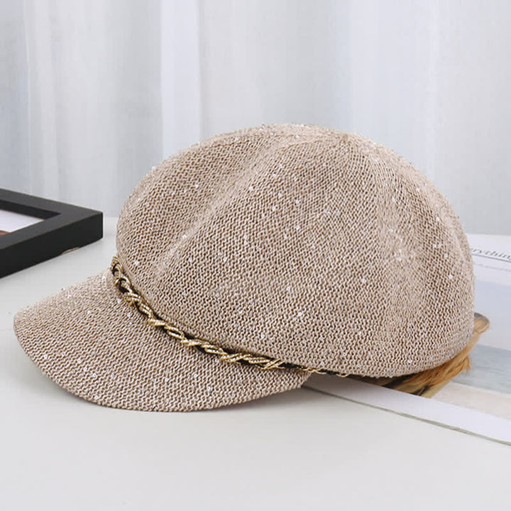 Women's Gold Chain Sequined Octagonal Straw Beret Hat - image 5