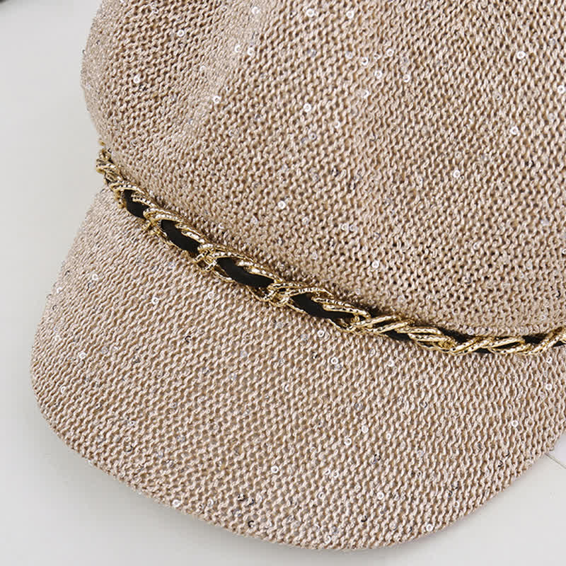 Women's Gold Chain Sequined Octagonal Straw Beret Hat