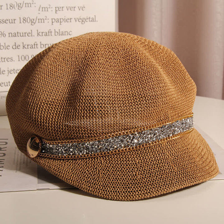 Women's Chic Gold Chain Silver Rhinestone Straw Beret Hat