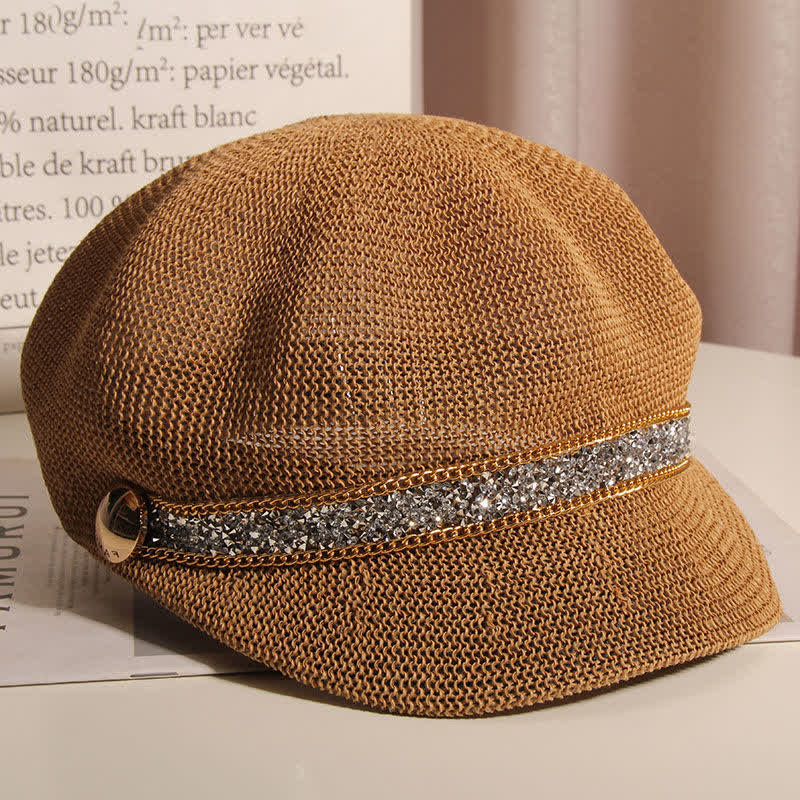 Women's Chic Gold Chain Silver Rhinestone Straw Beret Hat - image 1