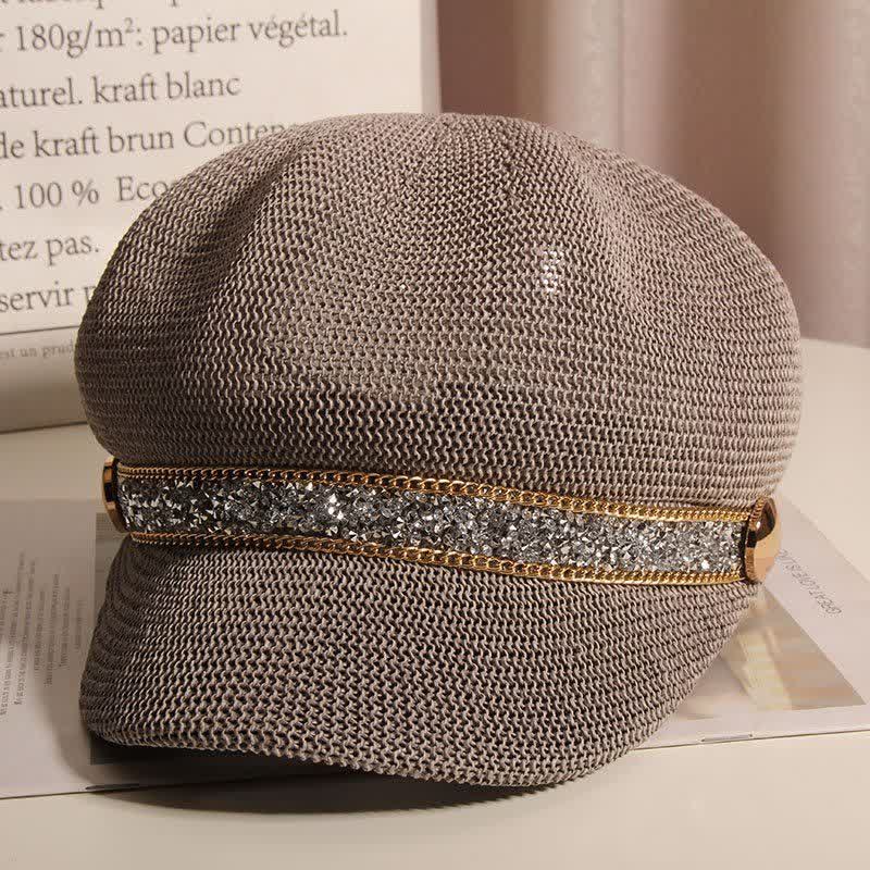 Women's Chic Gold Chain Silver Rhinestone Straw Beret Hat