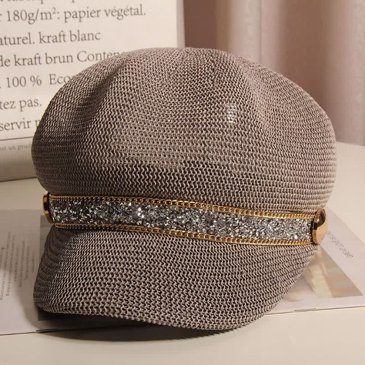 Women's Chic Gold Chain Silver Rhinestone Straw Beret Hat