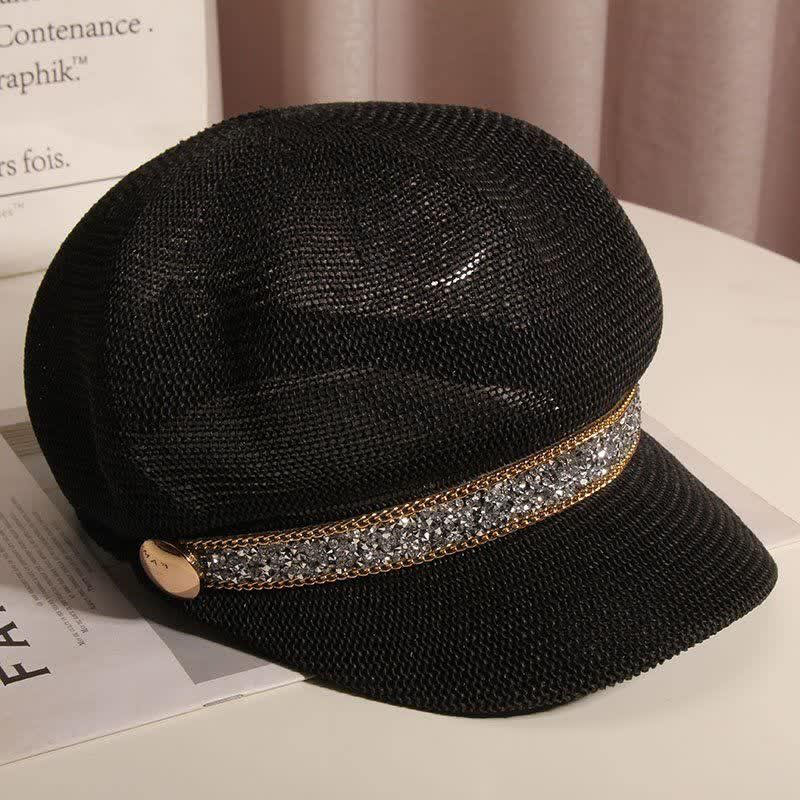 Women's Chic Gold Chain Silver Rhinestone Straw Beret Hat