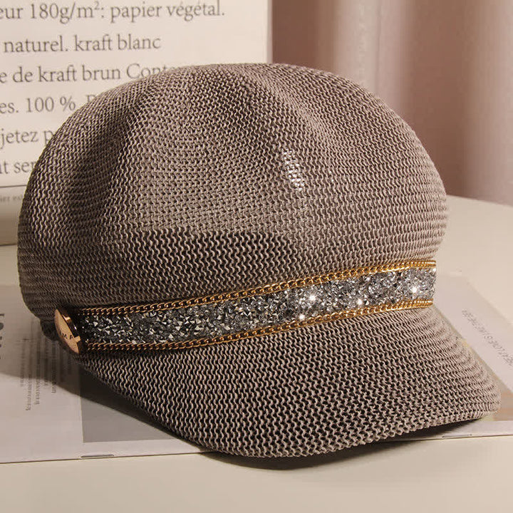 Women's Chic Gold Chain Silver Rhinestone Straw Beret Hat