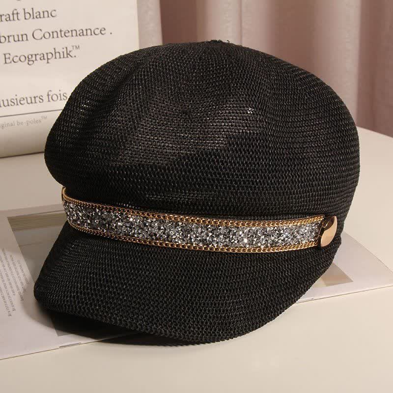 Women's Chic Gold Chain Silver Rhinestone Straw Beret Hat