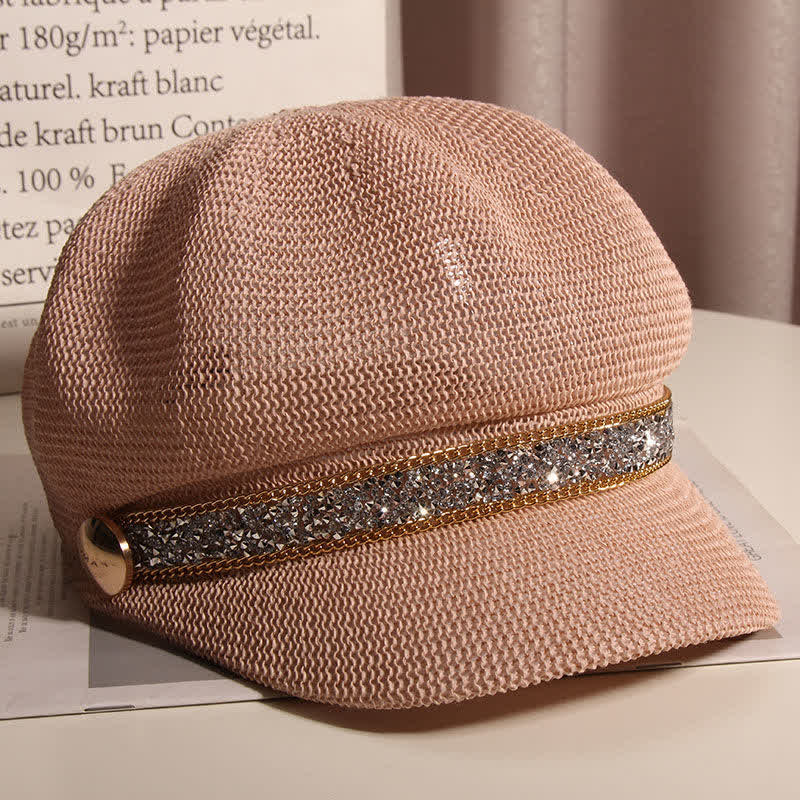 Women's Chic Gold Chain Silver Rhinestone Straw Beret Hat
