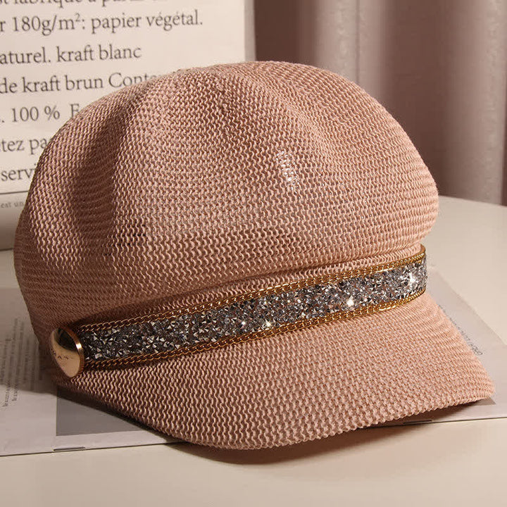 Women's Chic Gold Chain Silver Rhinestone Straw Beret Hat