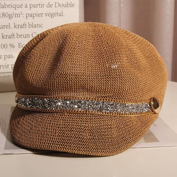 Women's Chic Gold Chain Silver Rhinestone Straw Beret Hat - Khaki - Adjustable (22"-22 7/8") - image 0