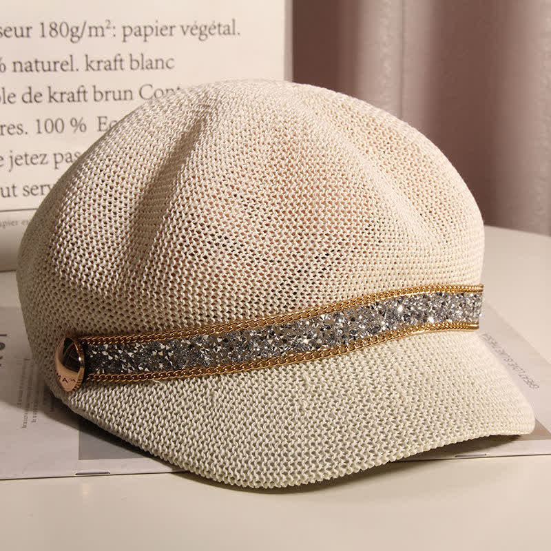 Women's Chic Gold Chain Silver Rhinestone Straw Beret Hat