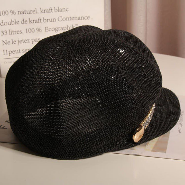 Women's Chic Gold Chain Silver Rhinestone Straw Beret Hat
