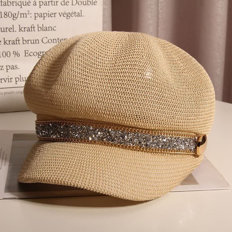 Women's Chic Gold Chain Silver Rhinestone Straw Beret Hat - Beige - Adjustable (22"-22 7/8") - image 6
