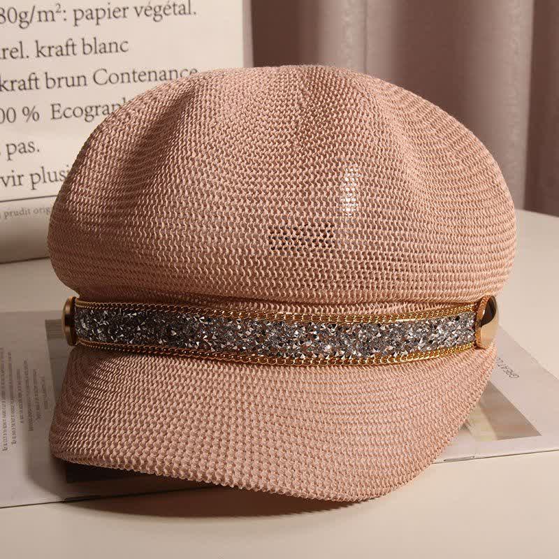 Women's Chic Gold Chain Silver Rhinestone Straw Beret Hat
