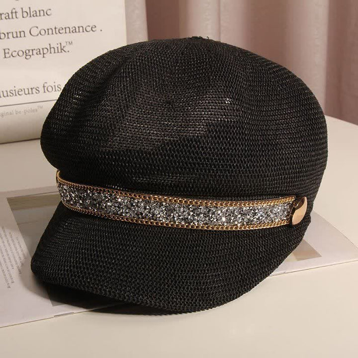 Women's Chic Gold Chain Silver Rhinestone Straw Beret Hat - Black - Adjustable (22"-22 7/8") - image 2