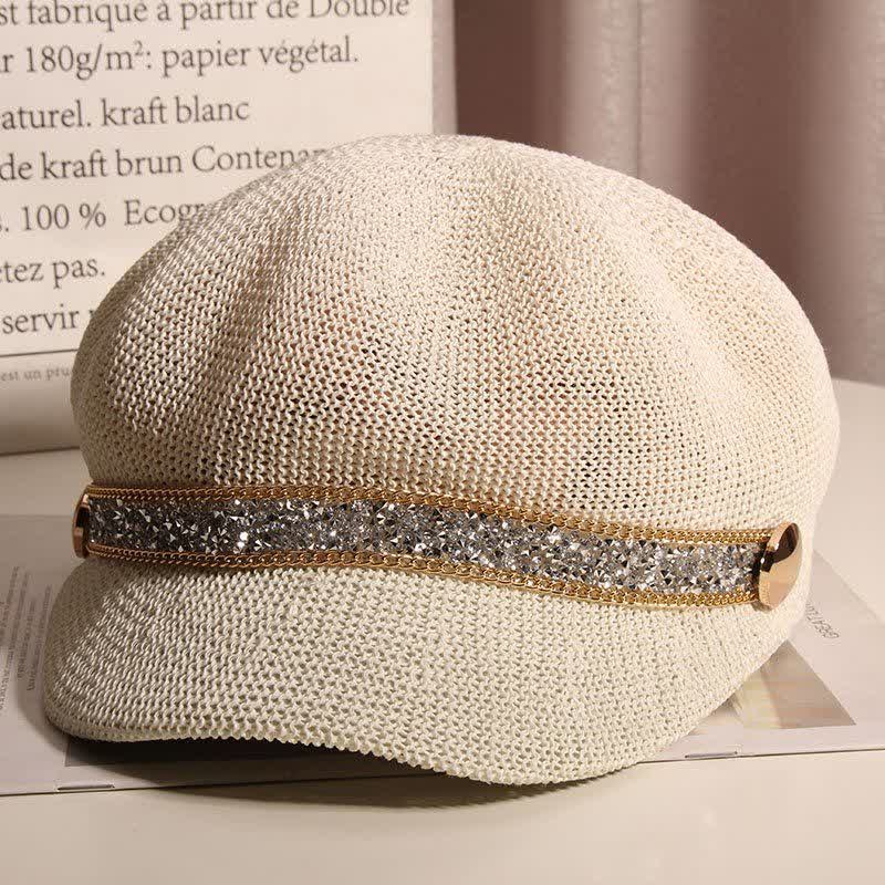 Women's Chic Gold Chain Silver Rhinestone Straw Beret Hat