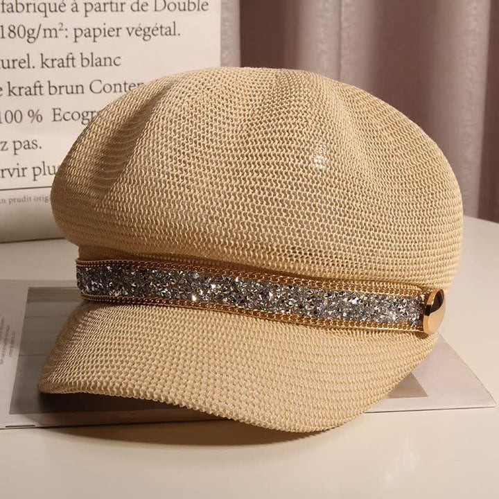Women's Chic Gold Chain Silver Rhinestone Straw Beret Hat - Beige - Adjustable (22"-22 7/8") - image 6
