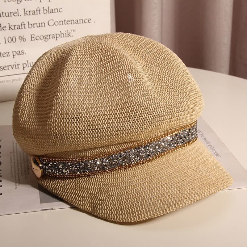 Women's Chic Gold Chain Silver Rhinestone Straw Beret Hat
