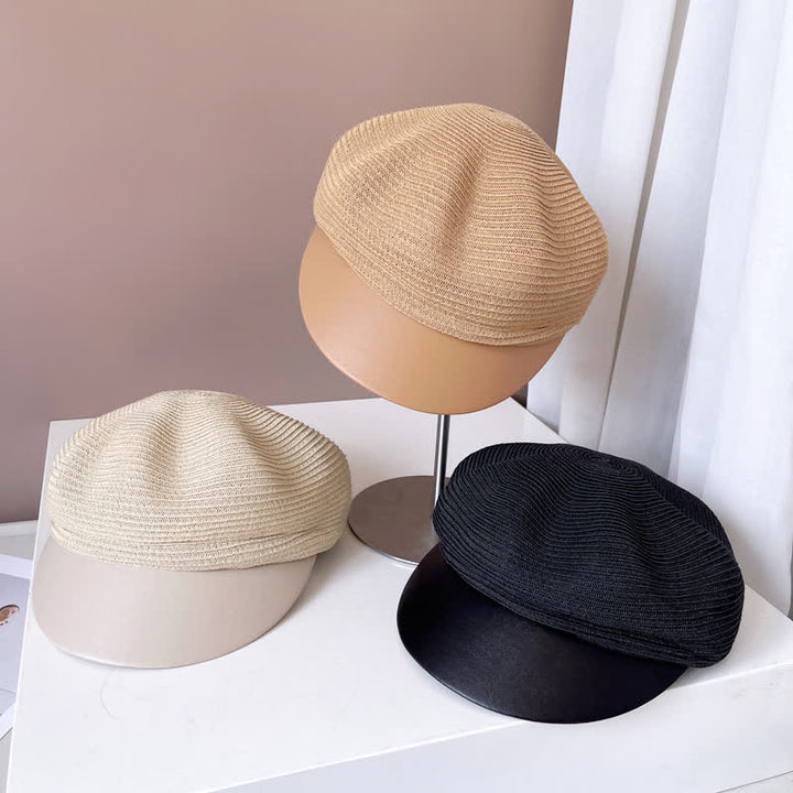 Women's Faux Leather Brim Panel Straw Beret Hat