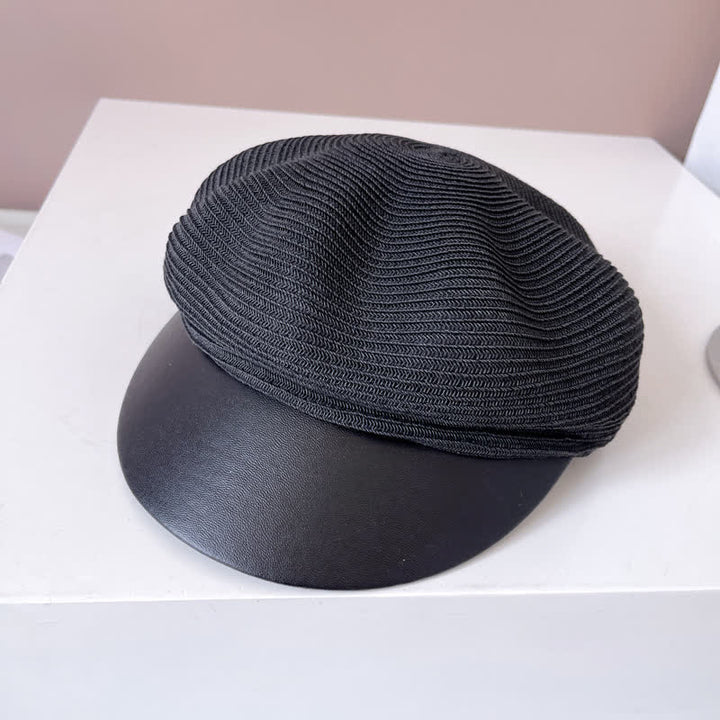 Women's Faux Leather Brim Panel Straw Beret Hat - Black - Adjustable (22"-22 7/8") - image 5