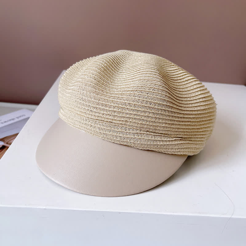Women's Faux Leather Brim Panel Straw Beret Hat